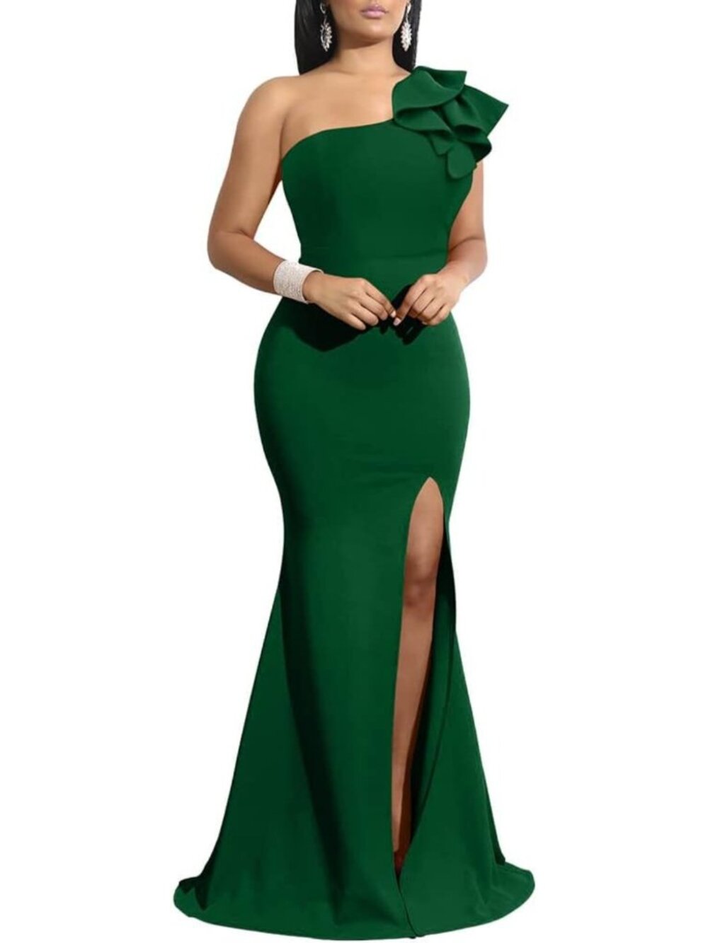 Emerald Green One Shoulder High Slit Long Formal Evening Prom Party Gown Sz M-XL